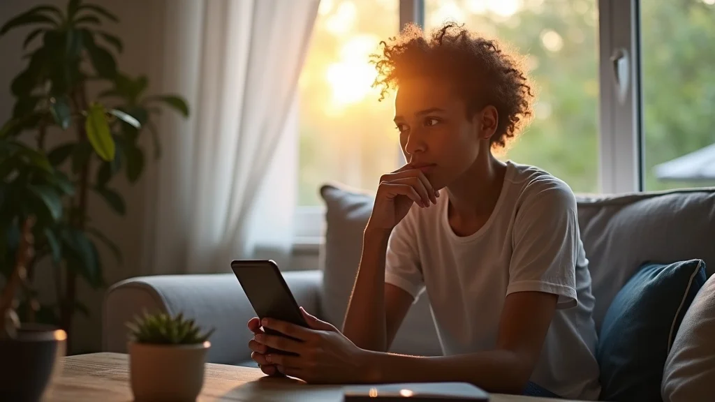 digital detox - adult looking out window, digital device visible, contrast of indoor and outdoor light, cozy living room