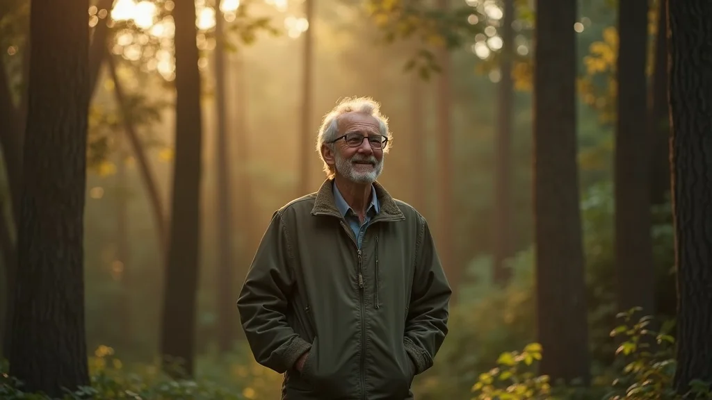 middle-aged adult practicing digital detox in the woods at Wild Woods Retreat, calm and grounded, nature-based mental health clarity