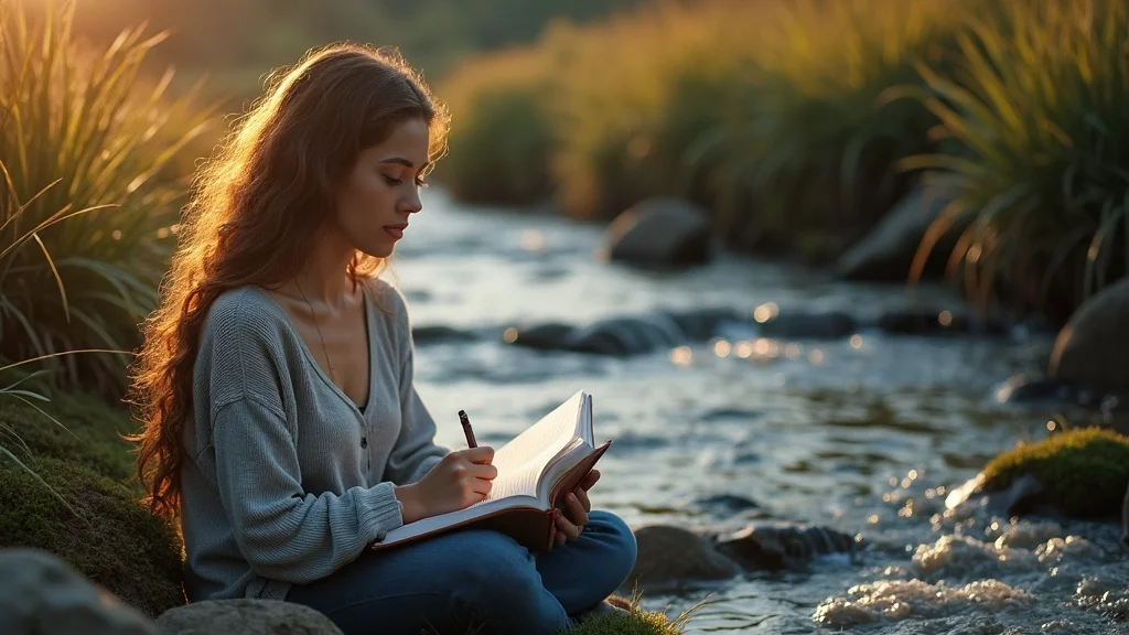 Person journaling by the creek in a natural setting, quietly reflecting as part of a digital detox that actually works