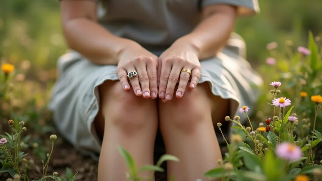 Close up of hands at sit spot outdoors during digital detox that actually works, surrounded by wildflowers and grass
